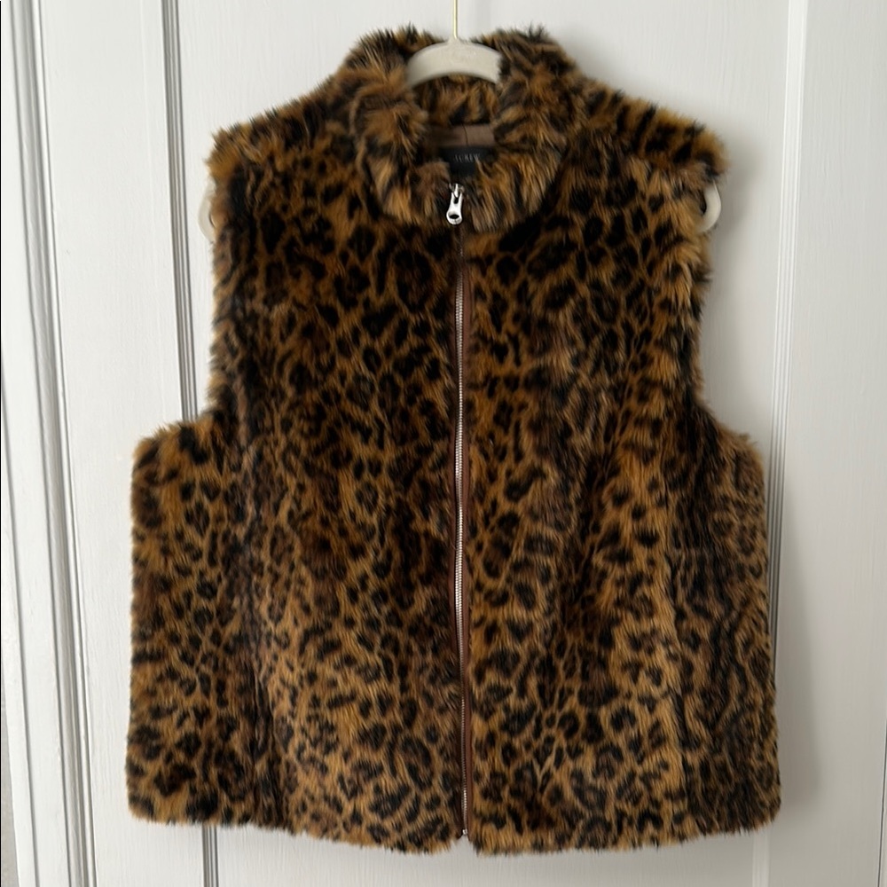 J. Crew Faux Fur Leopard Print Vest - Brown XL